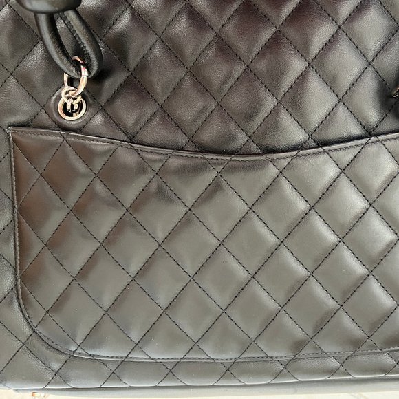 CHANEL Black Lambskin Leather Cambon Handbag Limited Edition White CC Logo RARE - Picture 12 of 16